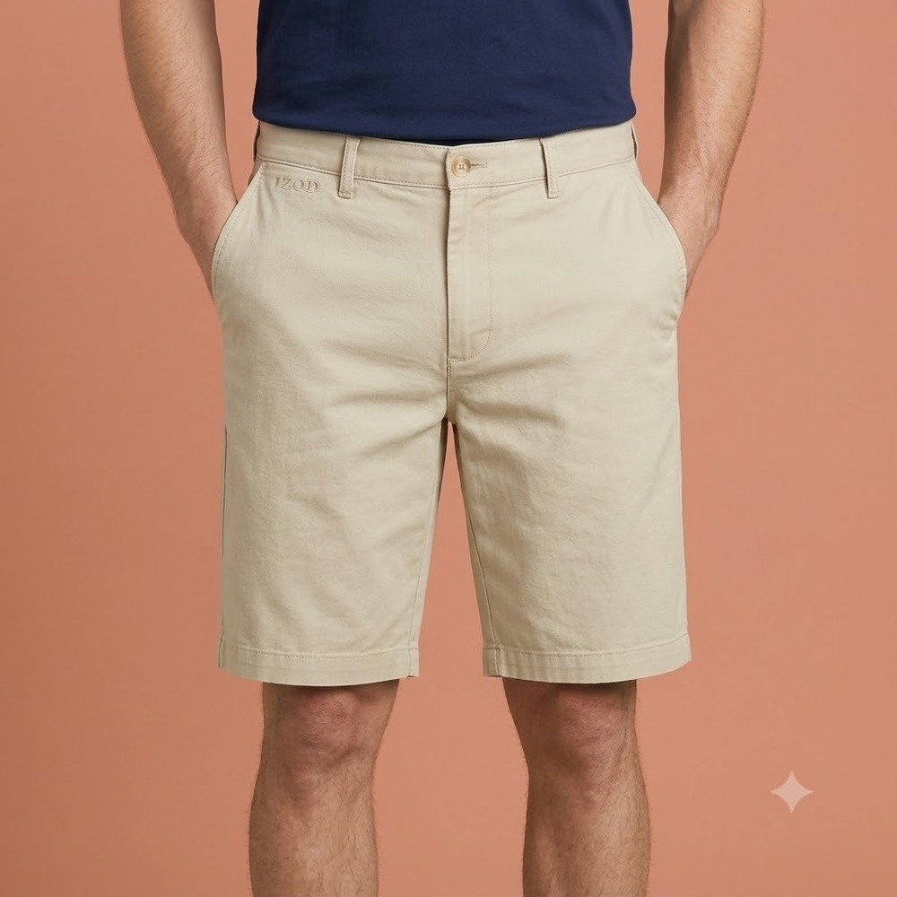 IZOD Saltwater Stretch Shorts Mens 30 Tan Beige Flat Front Chino 9.5‎ Inseam